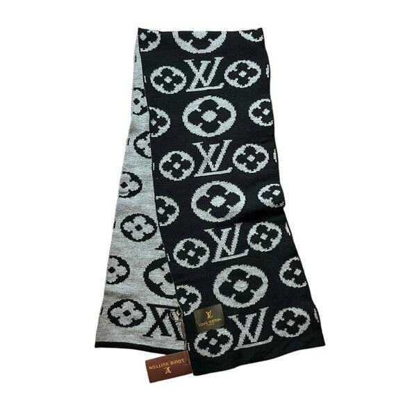 Louis Vuitton Wool Rectangle  Black & Gray Monogram Scarf Vintage - Picture 1 of 16
